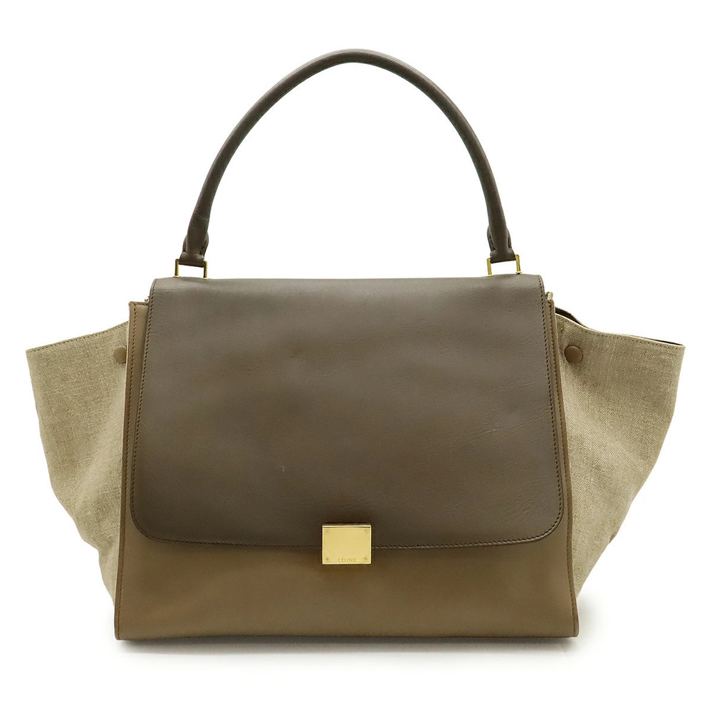 Celine Trapeze 2way Shoulder Bag Hobo Leather Canvas Gray Beige Cream
